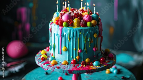 Birthday cake with candles and candies on dark background, closeup