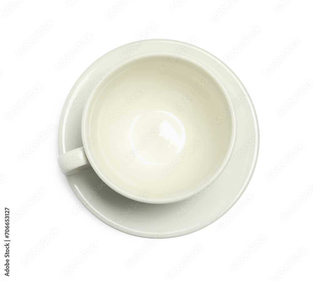 Ceramic cup with saucer isolated on white, top view Ceramic cup with saucer isolated on white, top view