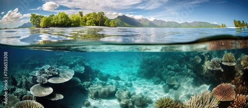 El Nino causes light-colored coral in shallow water  French Polynesia  Pacific Ocean.