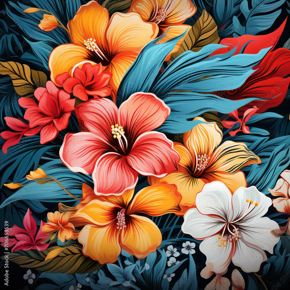 Exotic flowers in full bloom, radiating tropical warmth and color