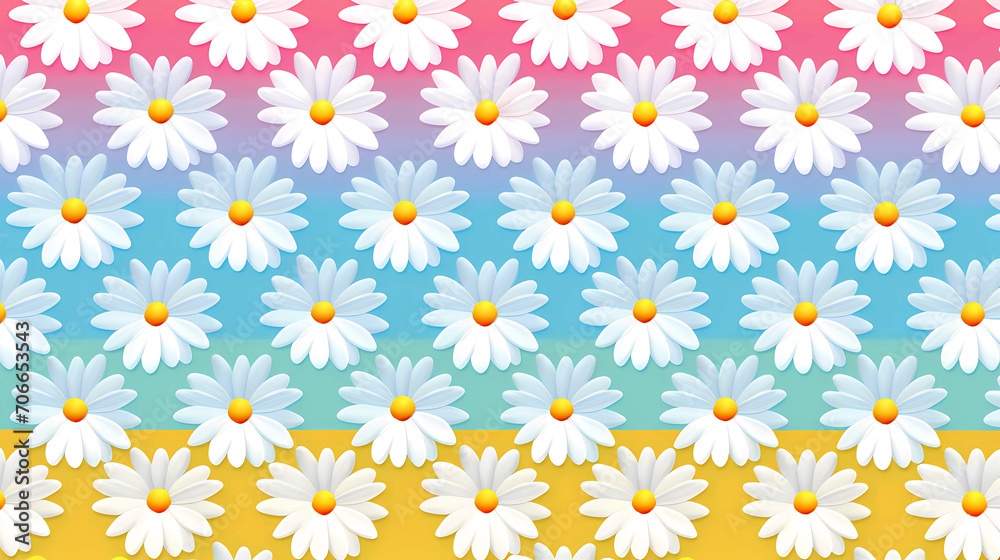 Daisy seamless patterned wallpaper on a colorful pink, purple, blue, green, yellow pastel background