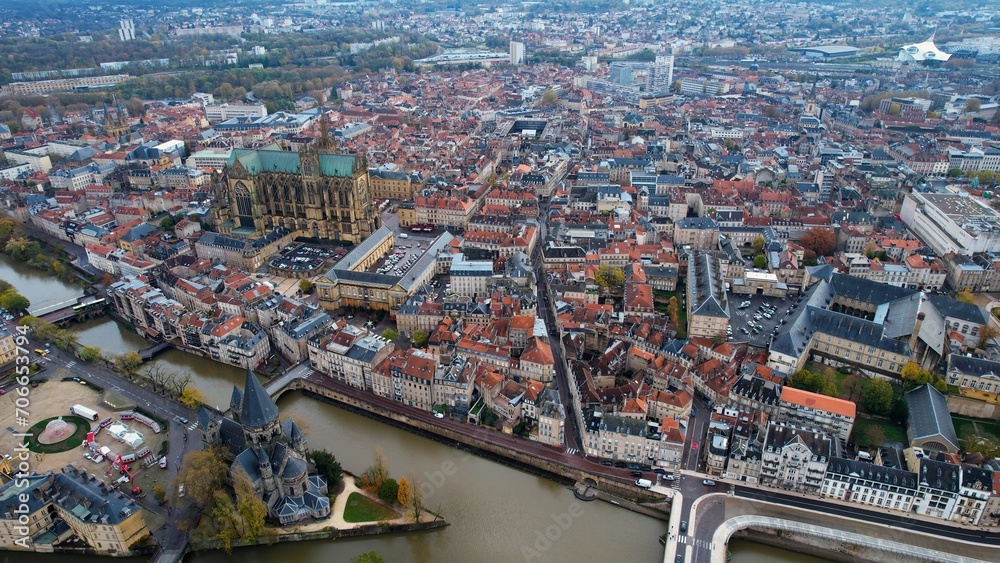 Aerial of the old town of the city Metz in France on a sunny morning in late fall.
