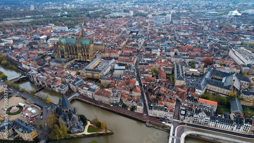 Aerial of the old town of the city Metz in France on a sunny morning in late fall. 
