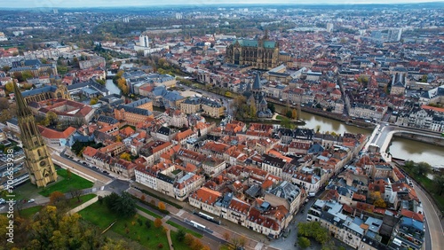 Aerial of the old town of the city Metz in France on a sunny morning in late fall. 