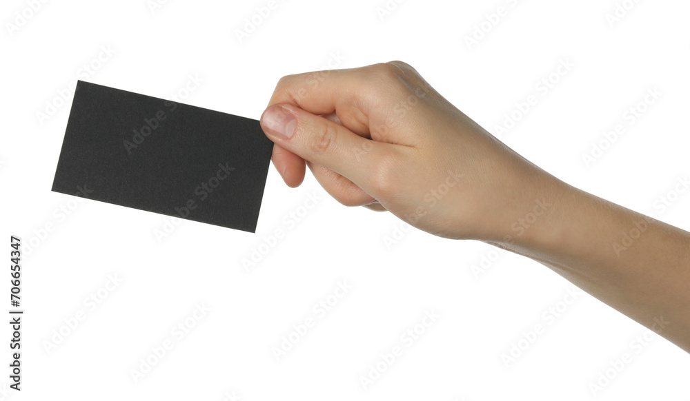 Woman with blank black business card on white background, closeup. Mockup for design Woman with blank black business card on white background, closeup. Mockup for design