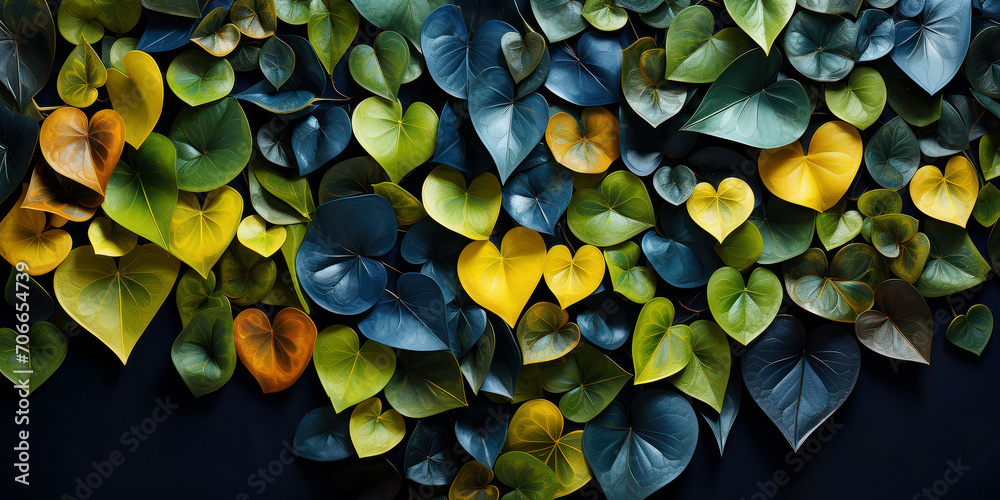 Varied heart-shaped leaves in a spectrum of aquatic tones - obrazy, fototapety, plakaty 