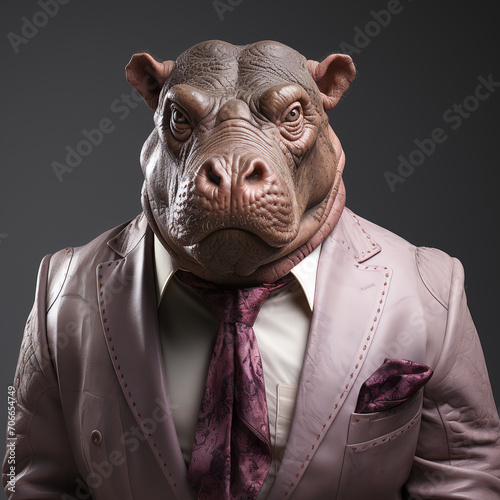 Hippopotamus with a human body in a fashionable suit. Generative AI. 