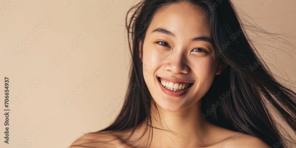 A stunning portrait of a radiant Asian woman with a beaming smile and glowing skin against a soft peach background, epitomizing natural skincare beauty.. A stunning portrait of a radiant Asian woman with a beaming smile and glowing skin against a soft peach background, epitomizing natural skincare beauty..