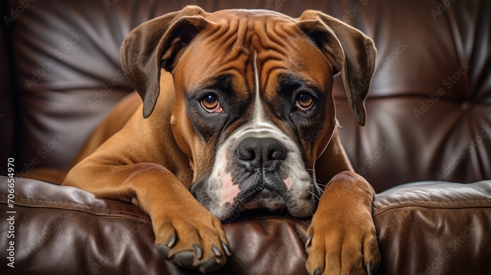 Beautiful male boxer dog lying on sofa pictures