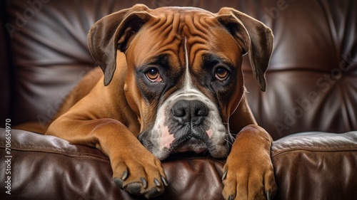 Beautiful male boxer dog lying on sofa pictures