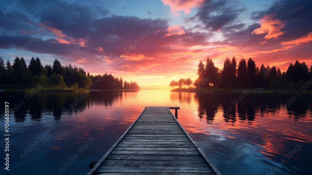 Beautiful lake evening view with wooden pier calm wallpaper