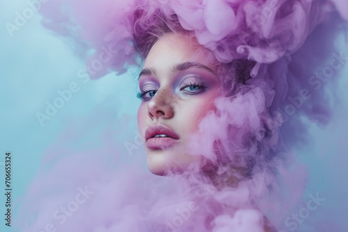 A stunning beauty portrait that captures a woman enveloped in whimsical purple smoke  symbolizing self-care and mental well-being..