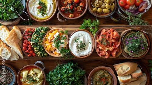 mezze platter, an assortment of dips and bread, adorned with colorful vegetable garnishes, with beautiful sunlight on a classic wooden picnic table.