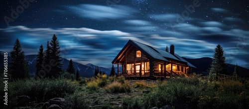 Idaho's log cabin under the night sky in the north. © AkuAku