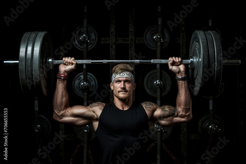 Powerful man with gym barbell training. Sport extreme ape male exercise. Generate Ai