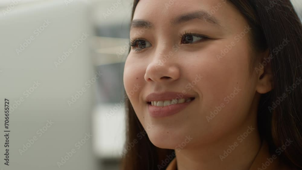 Close up Asia woman smiling face girl chinese korean businesswoman manager working on laptop computer at office Asian japanese student typing business project online studying chatting in social media Close up Asia woman smiling face girl chinese korean businesswoman manager working on laptop computer at office Asian japanese student typing business project online studying chatting in social media