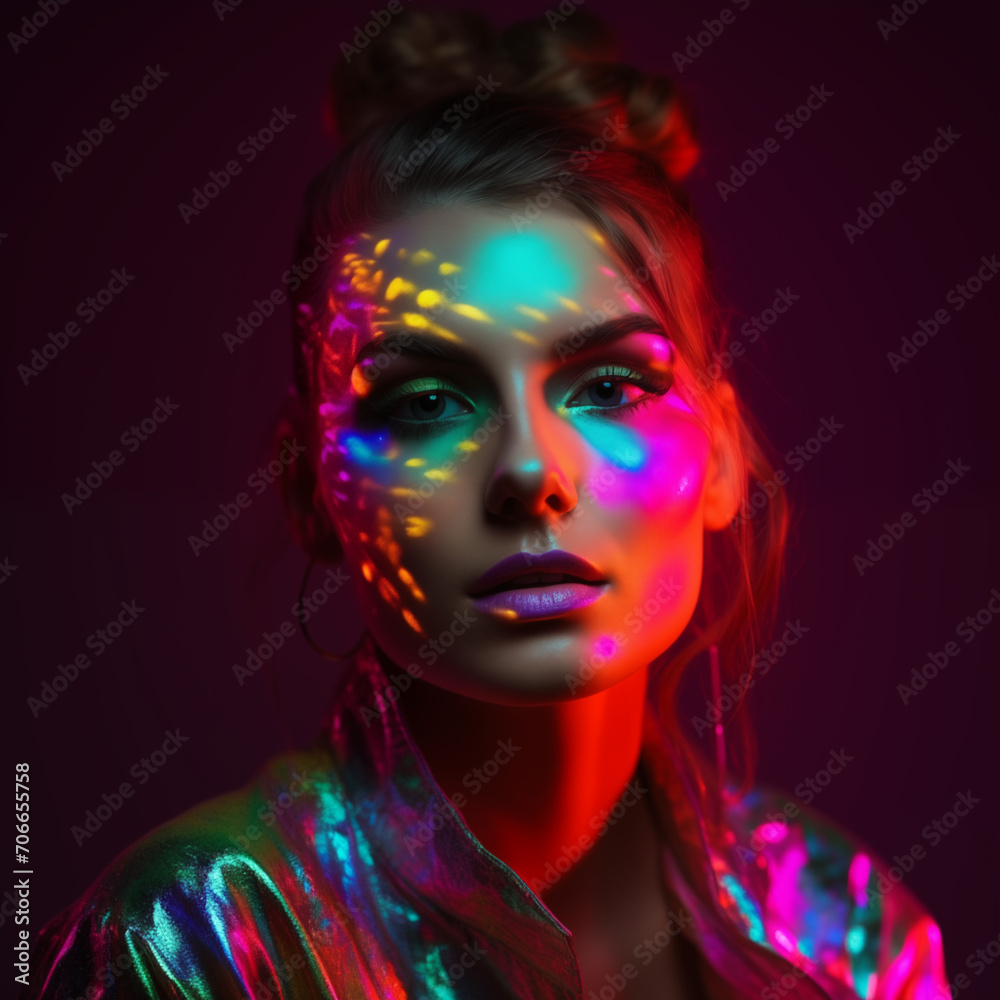 Portrait of fashion young girl in neon light in the studio, colorful shades, attractive