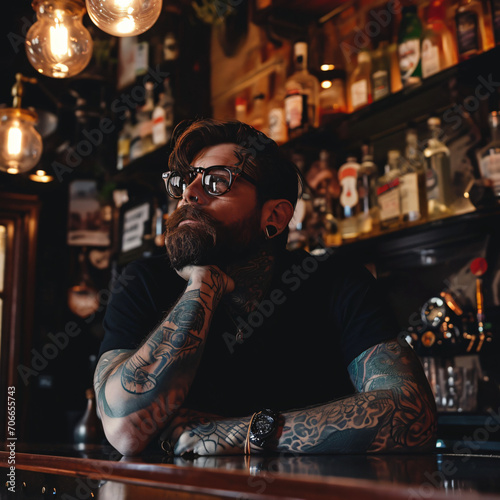 Ink and Spirits  Tattooed Man Relaxing at a Bar - A Snapshot of Urban Coolness and Personal Expression Over a Drink - Generative AI