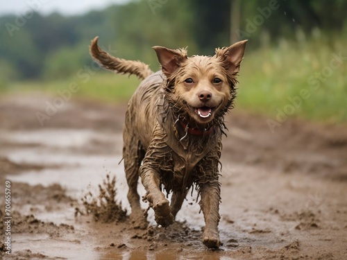 The cute dog is running through dirty mud. Generated with AI