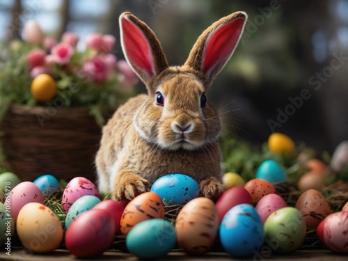 The Easter bunny, surrounded by vibrantly painted eggs. Generated with AI