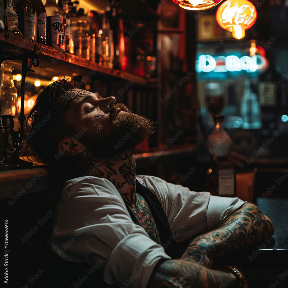 Ink and Spirits: Tattooed Man Relaxing at a Bar - A Snapshot of Urban Coolness and Personal Expression Over a Drink - Generative AI