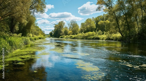 Tranquil river flowing through lush landscape.
