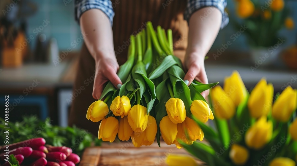 Hands of woman arranging yellow tulips at easter dining table - obrazy, fototapety, plakaty 