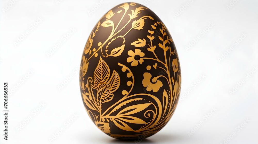 Hand Painted Easter Egg in dark gold Colors on a white Background. Elegant Easter Template with Copy Space