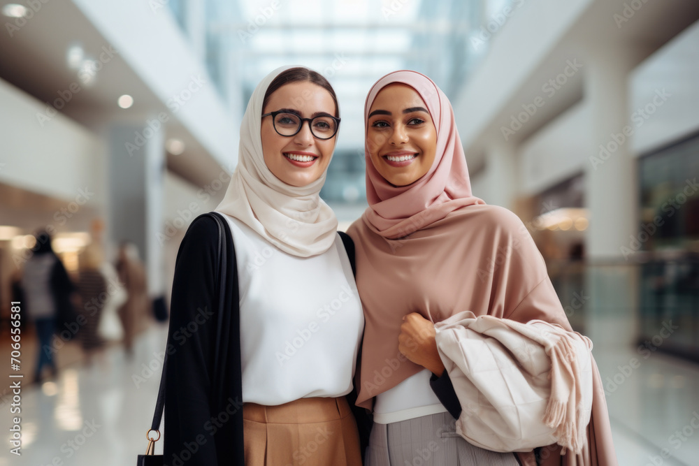 Beautiful Arab women with packages in hands after shopping. Women in hijabs leave happy with purchases in their hands Beautiful Arab women with packages in hands after shopping. Women in hijabs leave happy with purchases in their hands