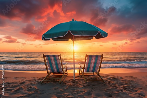 Tropical beach with umbrella and two sunbeds on sunset background