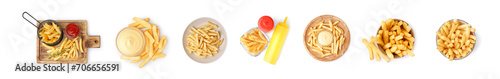 Set of delicious french fries on white background, top view