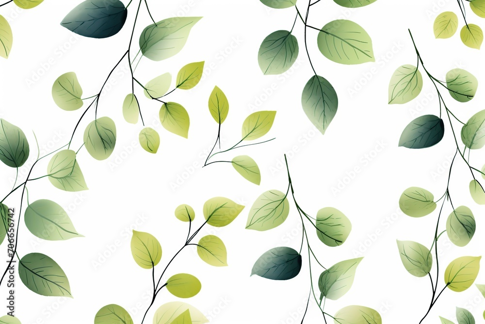 Illustration of tree branch with green leaves on white background