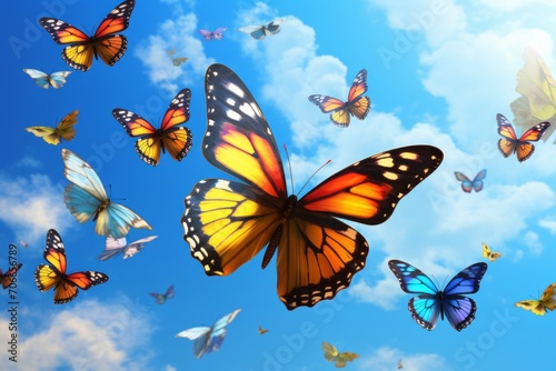 Bright blue sky with clouds and flying colorful butterflies