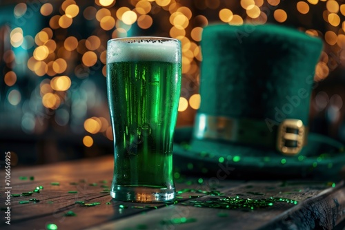 Green color beer on a wooden table Leprachauns hat behind beer, bokeh background