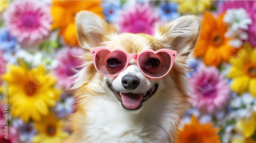 Fototapeta Lovely smiling dog in heart shaped pink sunglasses against a colorful floral background. Valentine’s Day and love concept.