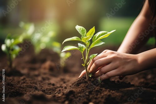 Woman planting green seedling in soil