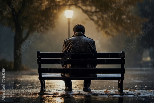 Melancholic Man rain bench. Park autumn. Generate Ai