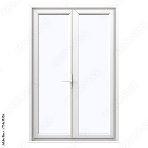 House contruction element isolated on white. The balcony window is cut out on a white or transparent background. House window for balcony or front door with door handle