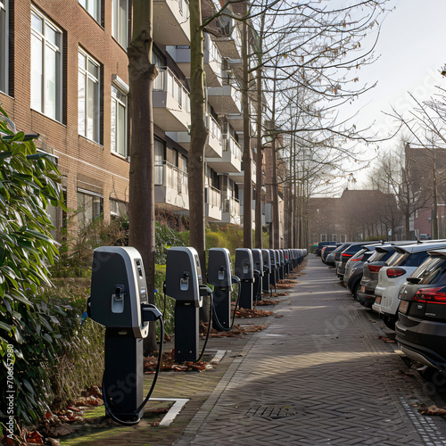 Electric Drive Hub: Row of Electric Cars Parked Alongside Charging Stations - A Vision of Sustainable Mobility and Eco-Friendly Transportation - Generative AI