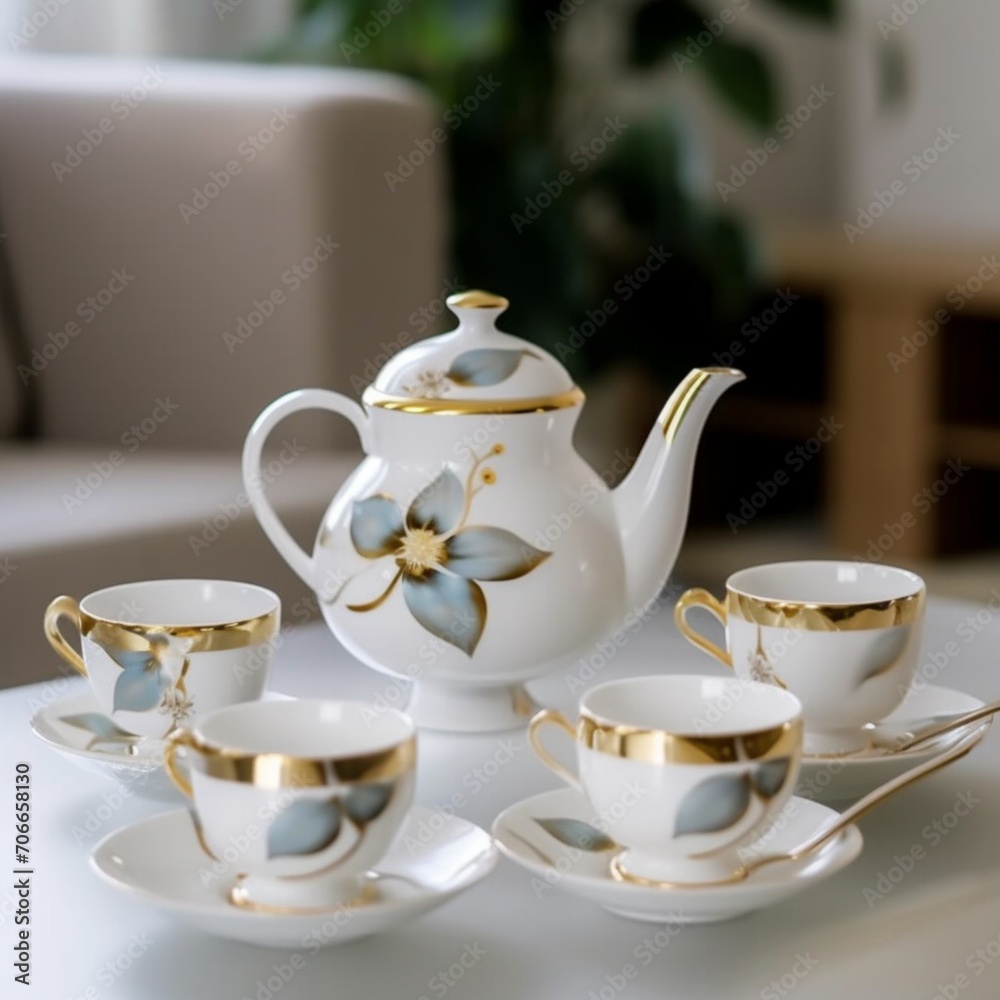 Fototapeta premium Beautiful modern style porcelain ceramic tea set pictures
