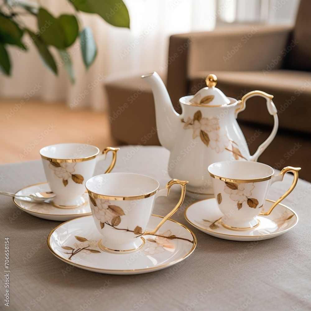 Fototapeta premium Beautiful modern style porcelain ceramic tea set pictures