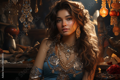 Beautiful girl with set jewelry . Woman in a necklace with a ring, earrings and a bracelet. photo