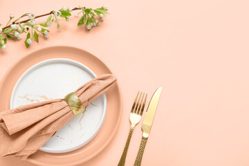 Wandcirkels Pantone 2024 Peach Fuzz Tafeldecoratie met bloeiende voorjaarstak  © Pixel-Shot