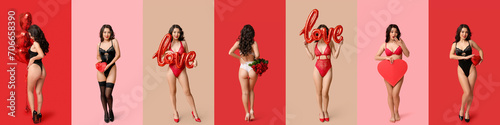 Set of sexy young woman in underwear on color background. Valentine's Day celebration photo