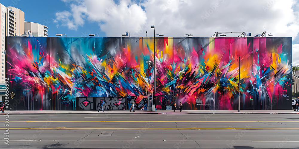 Uma imagem dinâmica de um mural de rua vibrante e colorido adornando o ...