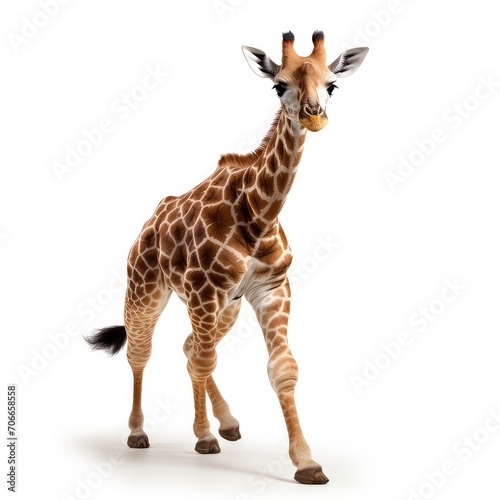 Young giraffe walking in motion  cute African wild animal  yellow and brown  isolated on white background