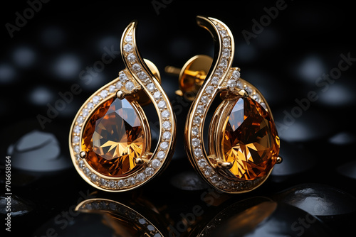 Beautiful golden earring in blue stone photo