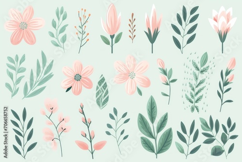 Sage pastel template of flower designs with leaves and petals