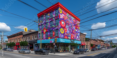 Uma imagem dinâmica de um mural de rua vibrante e colorido adornando o lateral de um prédio, exibindo a artística urbana e o impacto da arte pública nas paisagens urbanas. © Alexandre
