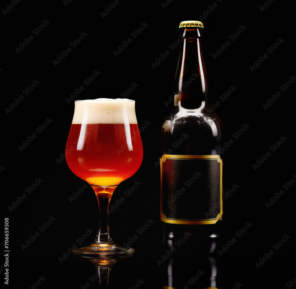 Beer in glass and beer bottle on a dark black background. Mugs with drink like Ipa, Pale Ale, Pilsner, Porter or Stout